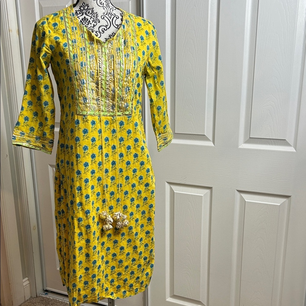 Biba Yellow Blue Floral Long Sleeve Dress Long Silt 34 Tassel‎